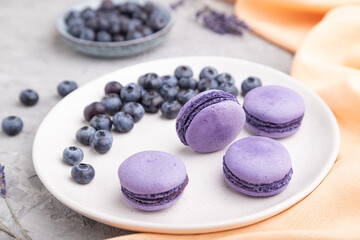 Purple macarons or macaroons cakes with blueberries on white ceramic plate on a gray concrete background. Side view, selective focus.