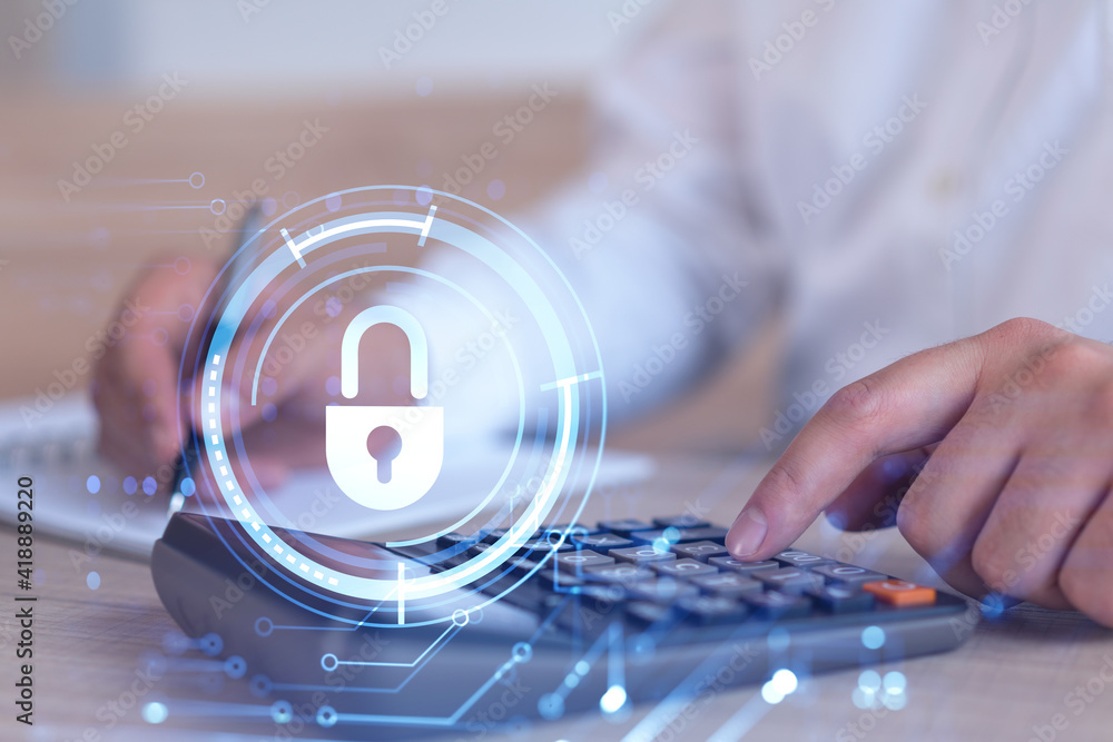 Poster a businessman computing probability of risks in cyber security protection using calculator. padlock 