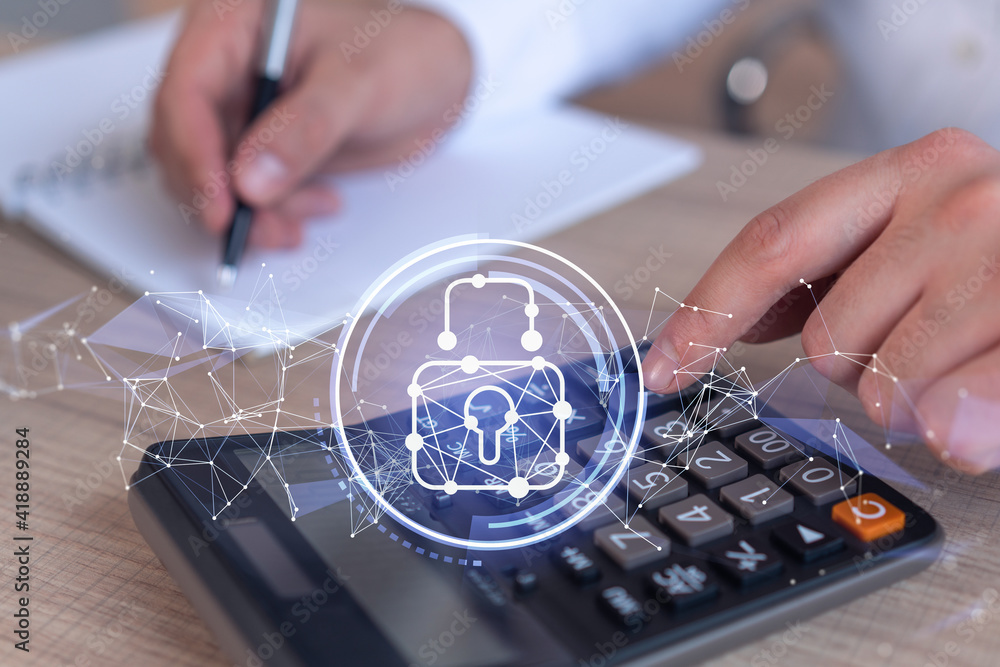 Poster a businessman computing probability of risks in cyber security protection using calculator. padlock 