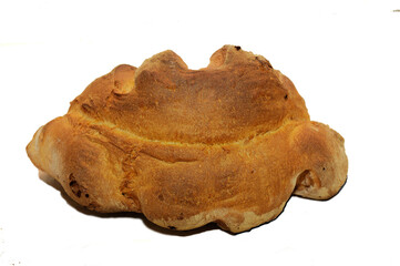 The bread of Matera, Pane di Matera, has the shape of a croissant and is produced with the exclusive use of durum wheat semolina, isolated on white background.