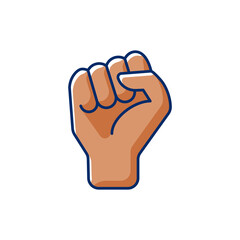 Clenched fist RGB color icon. Demonstration of power. Images of hands of dark-skinned people. Boxing sign. Sign of fight for rights. Social and political movement. Isolated vector illustration