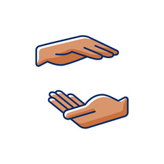 Two hands holding something RGB color icon. Images of hands of dark-skinned people. Free space for the premises of the object. Empty space between hands. Maternal care. Isolated vector illustration