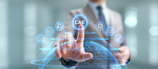 CAE Computer-aided engineering software system concept. Businessman pressing button on screen.
