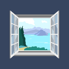An open window with a view of the seascape. Vector isolated on a dark background.