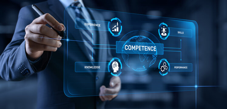 Competence skills business and personal development concept. Businessman pressing button on screen.