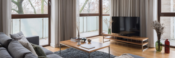 Elegant and bright living room, panorama