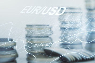 EURO USD financial graph illustration on coins background, forex and currency concept. Multiexposure