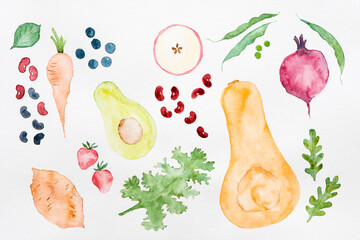 Watercolor food, beans, vegetables, fruit