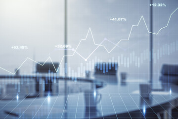 Abstract virtual financial graph hologram on a modern furnished classroom background, financial and trading concept. Multiexposure