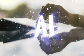 Creative artificial Intelligence symbol concept with finger clicks on a digital tablet on background. Multiexposure