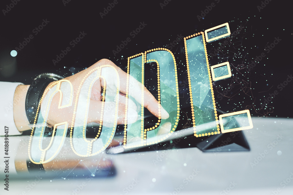 Poster creative code word hologram and finger clicks on a digital tablet on background, artificial intellig