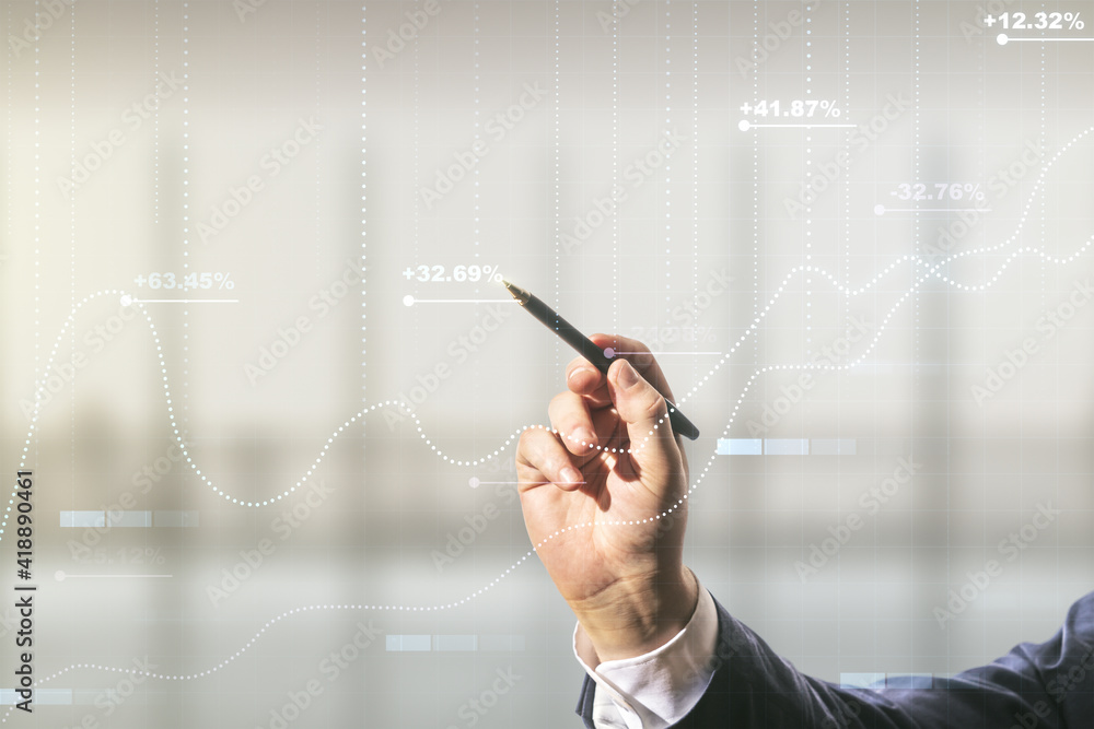 Aufkleber man hand with pen working with abstract virtual analytics data spreadsheet on blurred office backgro
