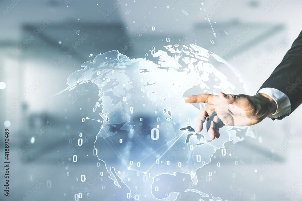 Poster multi exposure of developer's hand presses on abstract software development hologram and world map o