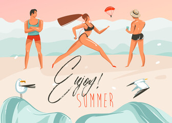 Hand drawn vector abstract cartoon summer time graphic illustrations art template background with beach landscape,pink sunset,boys and running girl on beach scene with Enjoy Summer typography quote