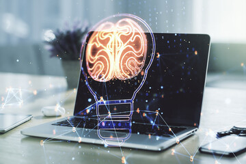 Fototapeta na wymiar Creative light bulb illustration with human brain on modern computer background, future technology concept. Multiexposure