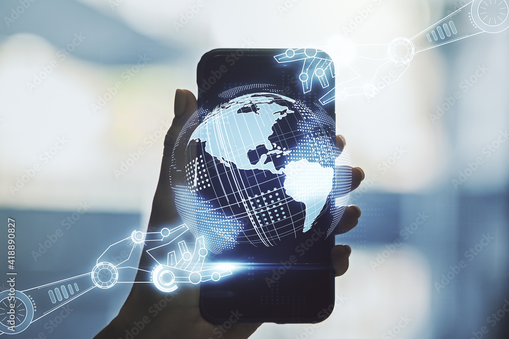 Poster creative concept of robotics technology with globe sketch and hand with phone on background. robot d