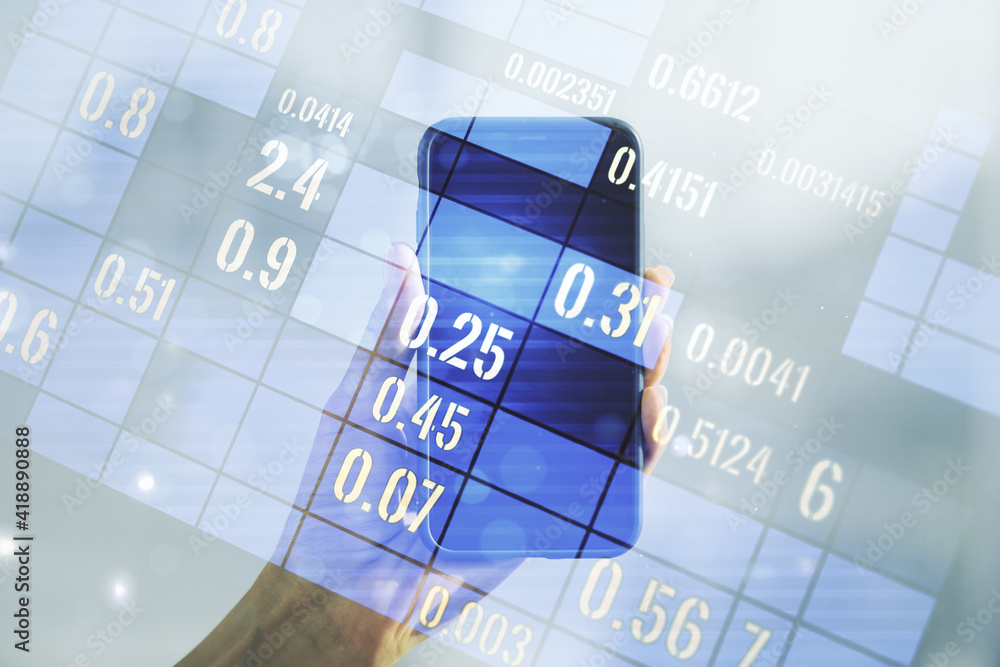 Poster multi exposure of stats data illustration and hand with phone on background, computing and analytics
