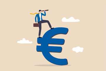 Europe financial visionary, economic forecast for European countries or investment and stock market concept, businessman investor standing on Euro currency sign using telescope to see market future. - obrazy, fototapety, plakaty