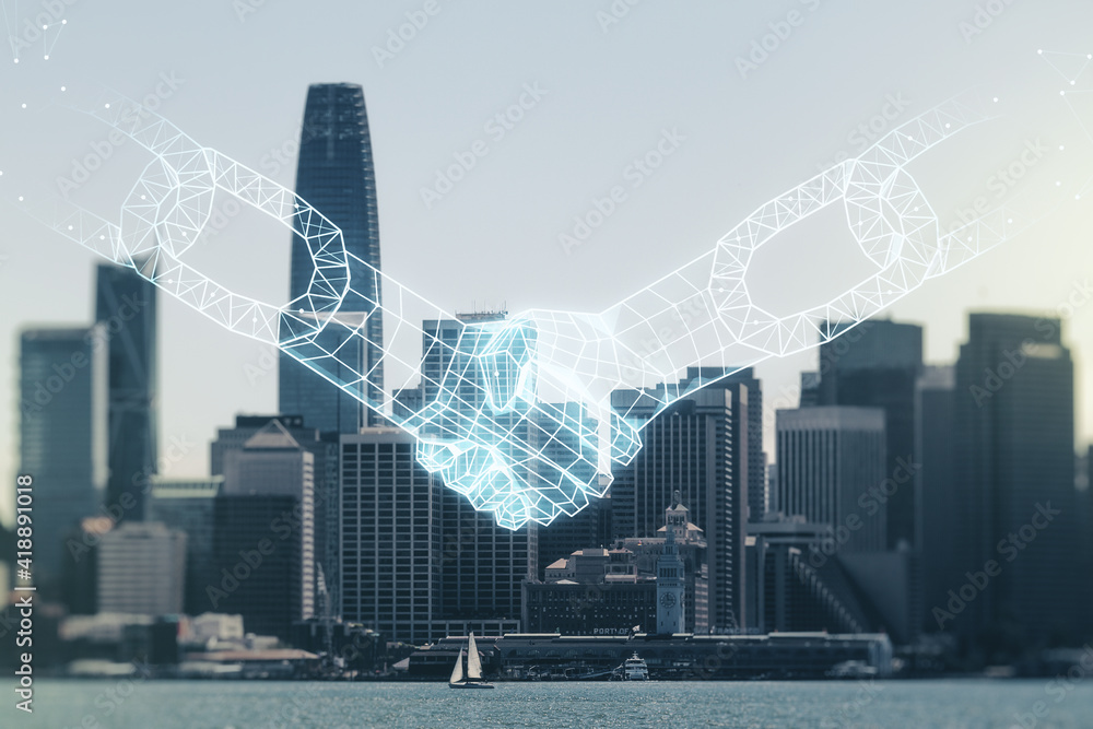 Poster abstract virtual block chain technology sketch with handshake on san francisco office buildings back