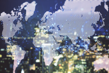 Double exposure of abstract digital world map hologram on blurry office buildings background, big data and blockchain concept