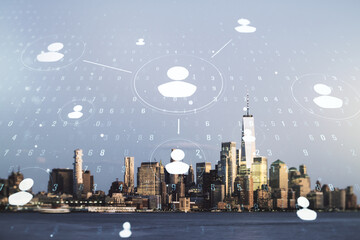 Fototapeta na wymiar Double exposure of abstract virtual social network icons on New York city skyscrapers background. Marketing and promotion concept