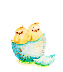 This is a watercolor illustration of two yellow chickens in an egg. The image is isolated from the background. Can be used for postcards, prints, egg stickers and other designs.