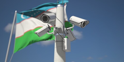Naklejka na ściany i meble Flag of Uzbekistan and four security cameras, 3d rendering