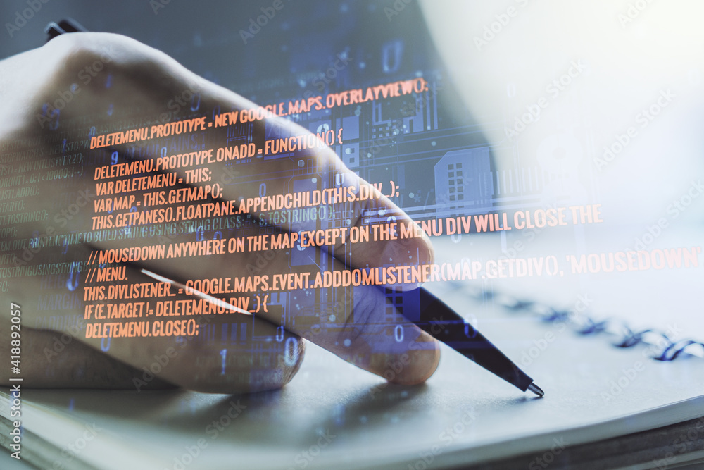 Poster multi exposure of abstract software development hologram and man hand writing in notebook on backgro