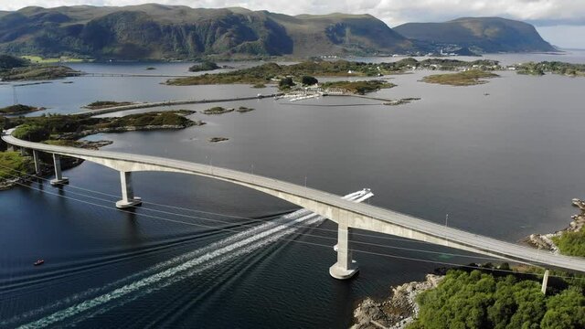 Norway footage islands drone view. More og Romsdal county island landscape with Heroy municipality. Heroybrua bridge. Norway coast footage.