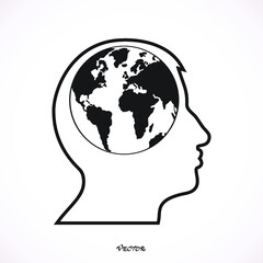 outline design icon with human head, brain and globe planet. Abstract outline Man head and globe planet icon