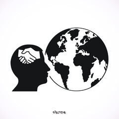 design icon with human head handshake and globe planet.