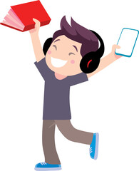 boy happily jumps holding a red book and a mobile phone in his hand