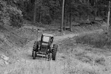 Fototapeta na wymiar An old blue tractor excavator stands in a forest during harvesting in summer or autumn. Agriculture and farming machinery.