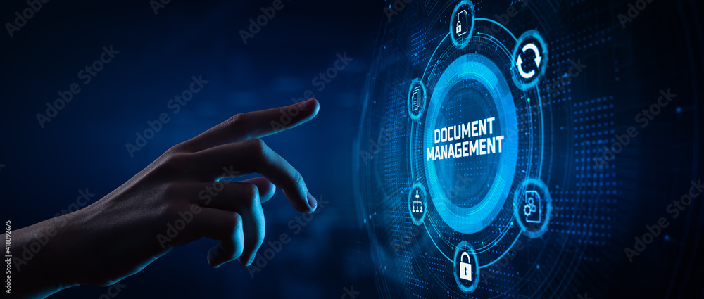 Poster dms document management system business automation technology concept. hand pressing button on scree