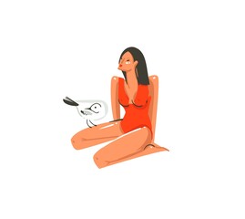 Hand drawn vector abstract graphic cartoon summer time collection flat illustrations with beauty girl character with seaguul on the beach isolated on white background