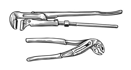 Adjustable wrench sketch. Set of tools in vintage engraving style