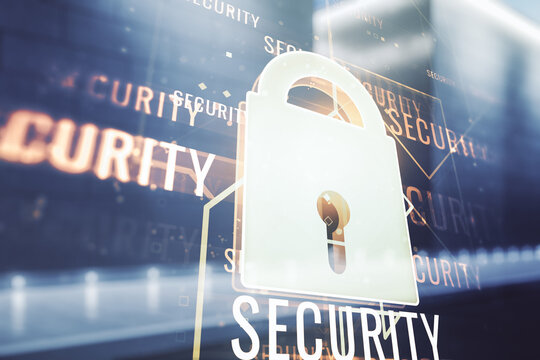 Virtual creative lock illustration with microcircuit on blurry contemporary office building background, cyber security concept. Multiexposure