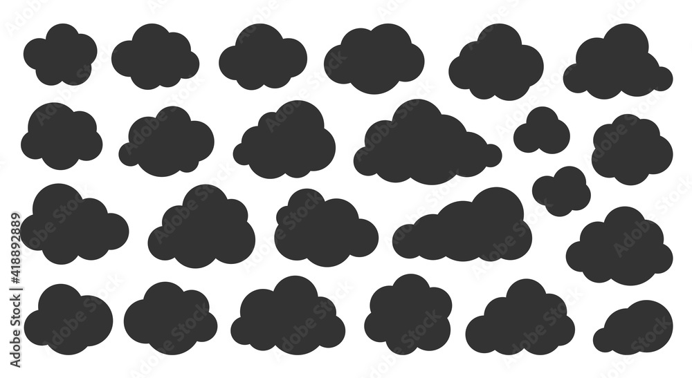 Poster clouds black silhouette icon set. glyph vector symbol of weather, database, cloud storage or network