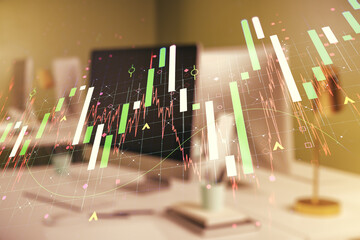 Double exposure of abstract creative financial chart on modern laptop background, research and strategy concept