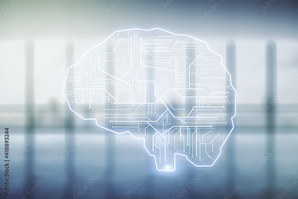Poster double exposure of creative artificial intelligence interface on empty modern office background. neu