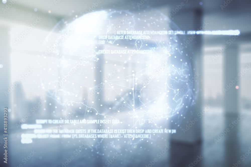 Poster double exposure of abstract programming language hologram and world map on empty modern office backg