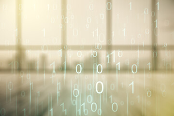 Double exposure of abstract virtual binary code hologram on empty modern office background....