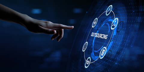 Outsourcing HR Global Recruitment Business finance concept. Hand pressing button on screen.