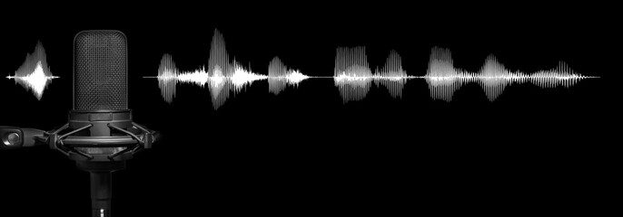 Recording studio microphone on black background with white audio waveform, broadcast production banner with copy space - obrazy, fototapety, plakaty
