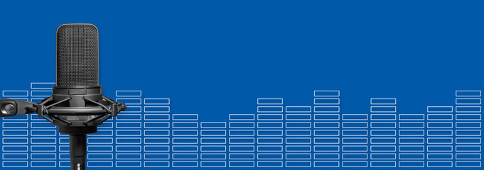 Microphone with audio level equalizer on blue background, music banner with copy space