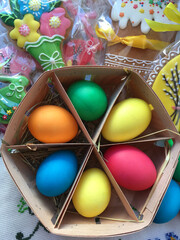 Easter multi-colored eggs and painted gingerbread.