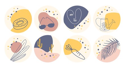 PrintVector set of round boho icons and emblems for social media story highlight covers. Hand-drawn trendy design templates for bloggers, designers and photographers.