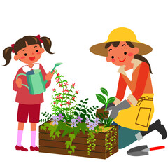 ガーデニングを楽しむ母親と女の子