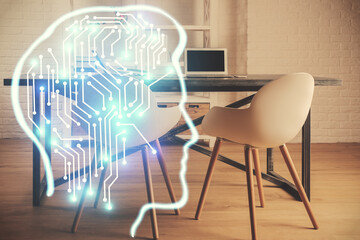 Multi exposure of brain drawing and office interior background. Concept of data technology.