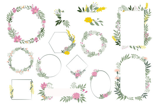 Collection Of Floral Wreath And Frames. Spring Botanic Collection. Editable Vector Illustration.